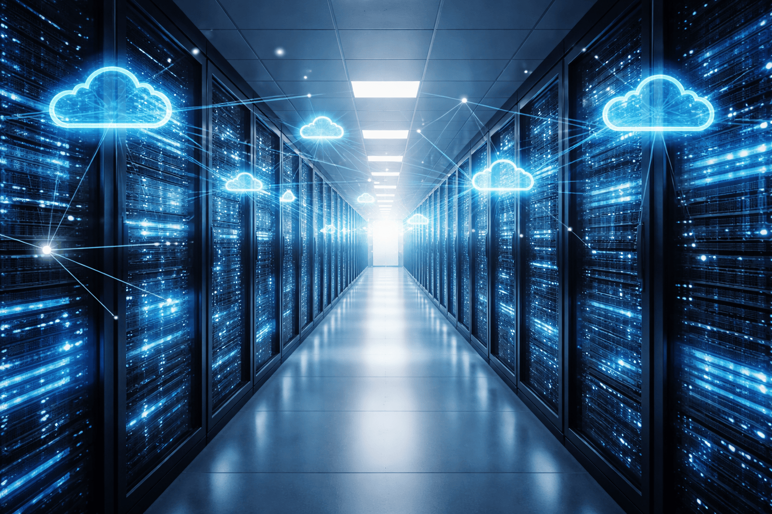 Data center with cloud computing symbols