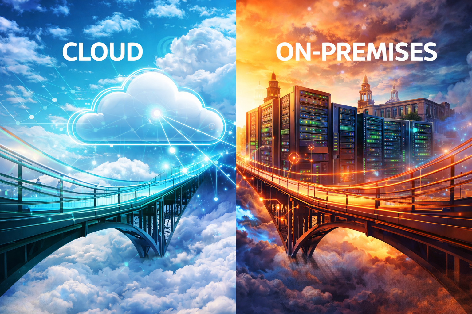 Hybrid cloud on-premises architecture collage