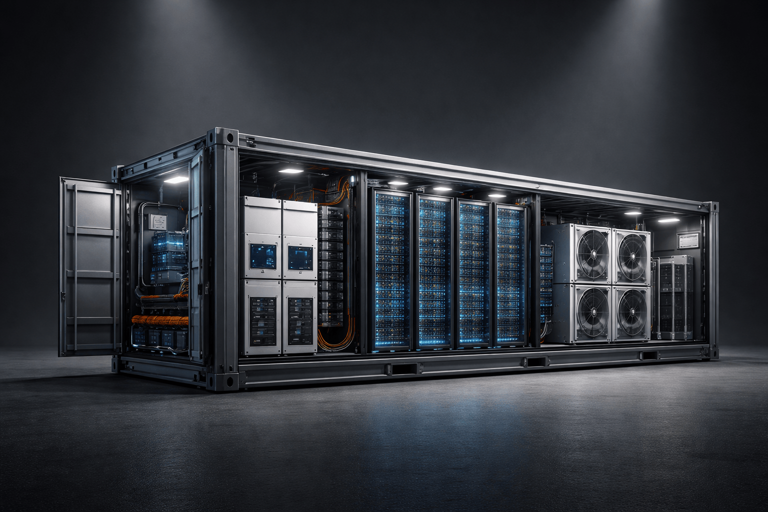 3D render ανοιχτής containerized μονάδας micro data center με server racks και ψύξη
