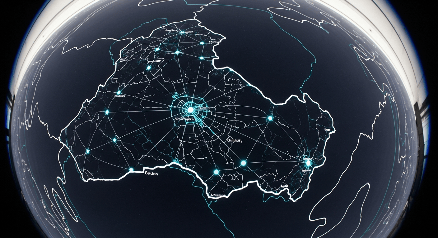 Minimal χάρτης με δίκτυο micro data centers σε περιφερειακές πόλεις — τοπική ψηφιακή υποδομή