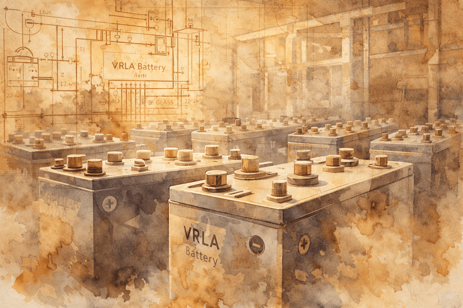 Lead-acid battery industrial facility watercolor art