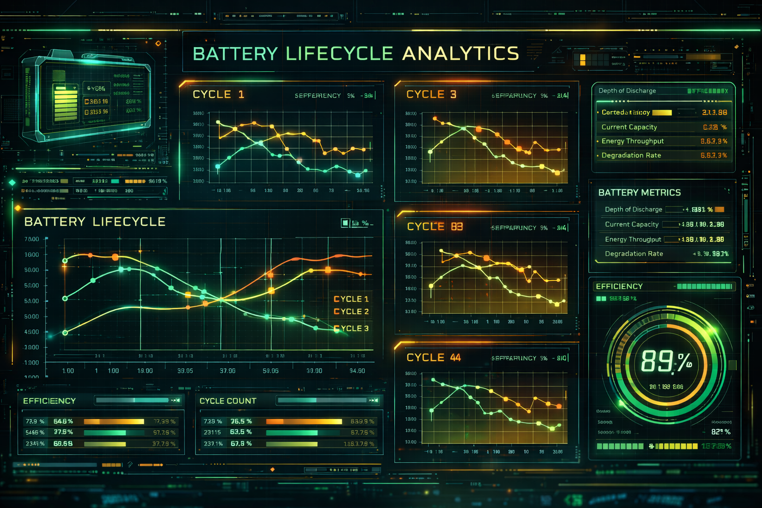 Battery lifecycle comparison cyberpunk dashboard visualization