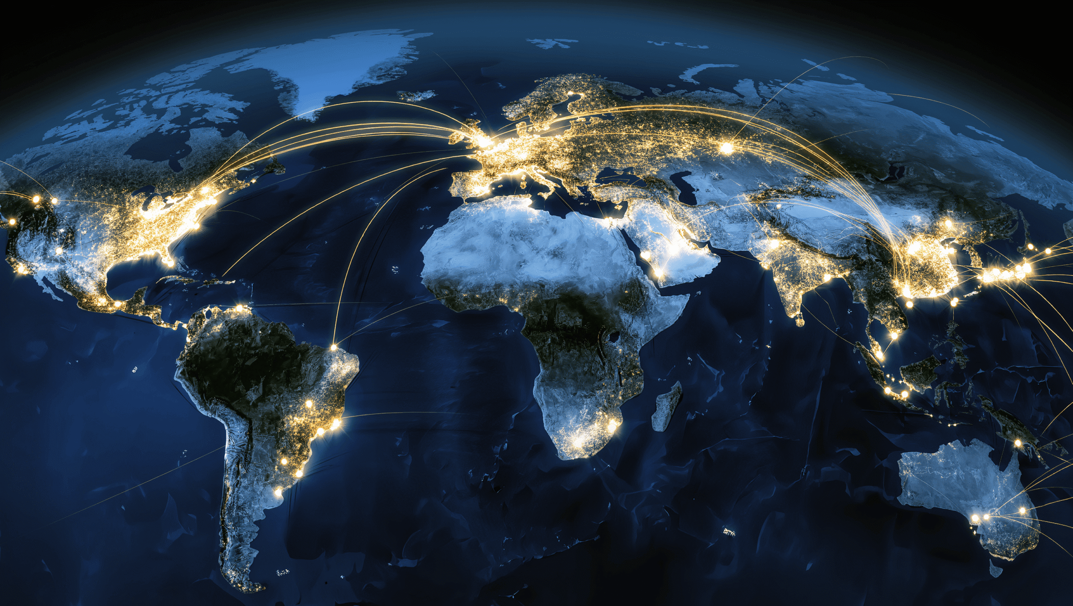 Aerial view of global IoT device network with glowing data streams connecting cities worldwide