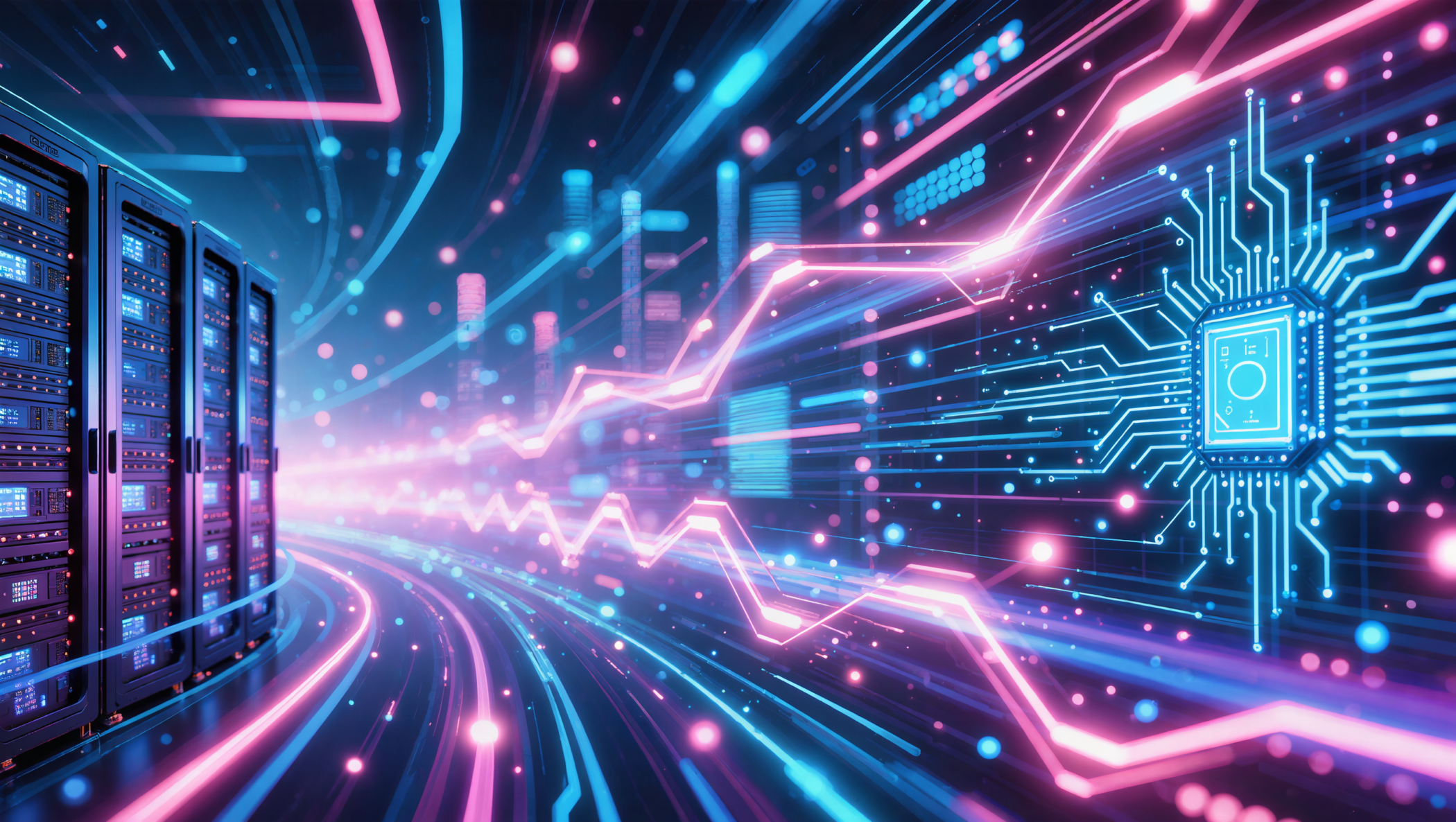 Cyberpunk server racks with neon data streams representing real-time IoT edge analytics