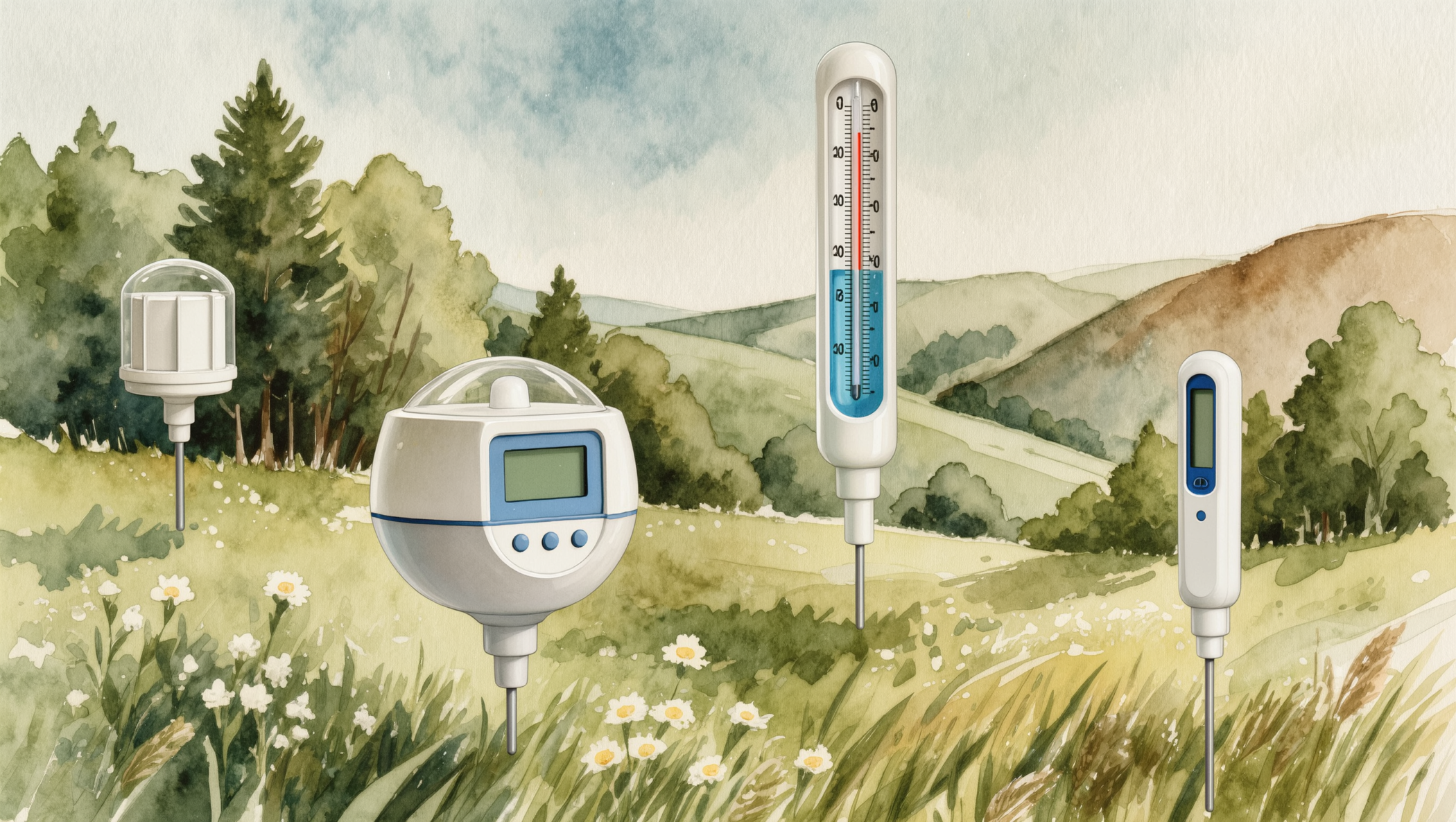 Watercolor landscape with IoT sensors monitoring air quality, water and temperature in nature
