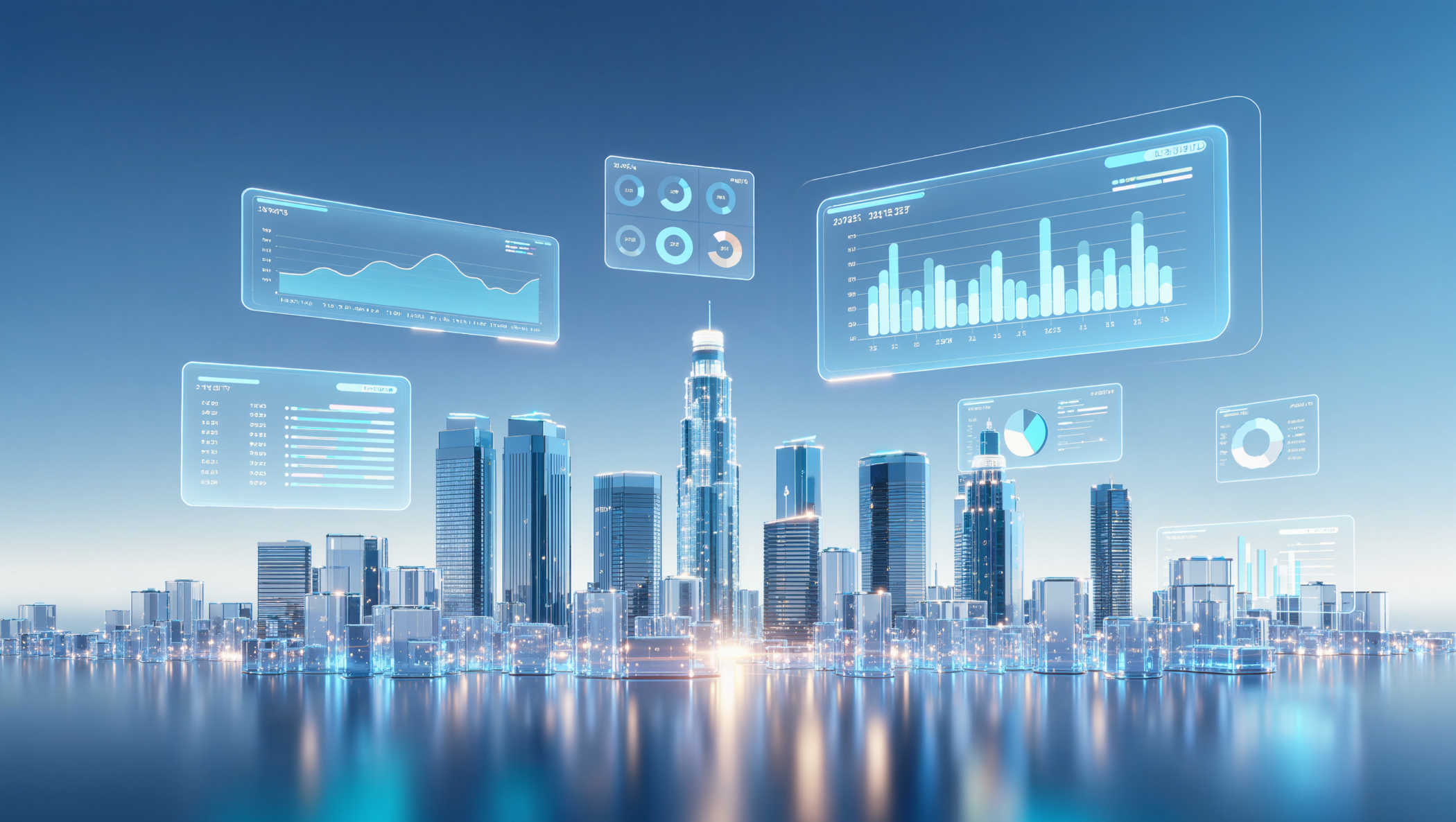 Futuristic smart city with holographic open data dashboards displaying IoT sensor analytics