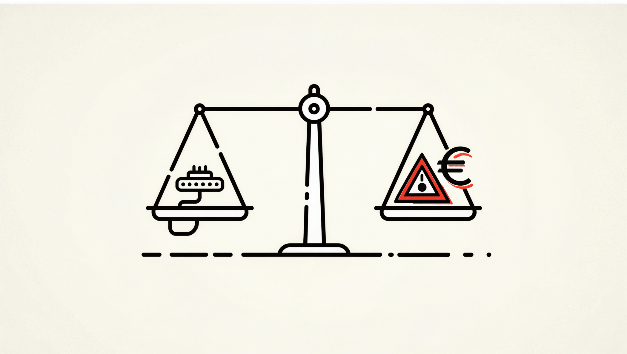 Minimal line art balance scale weighing IoT sensor density against cost and compliance risk