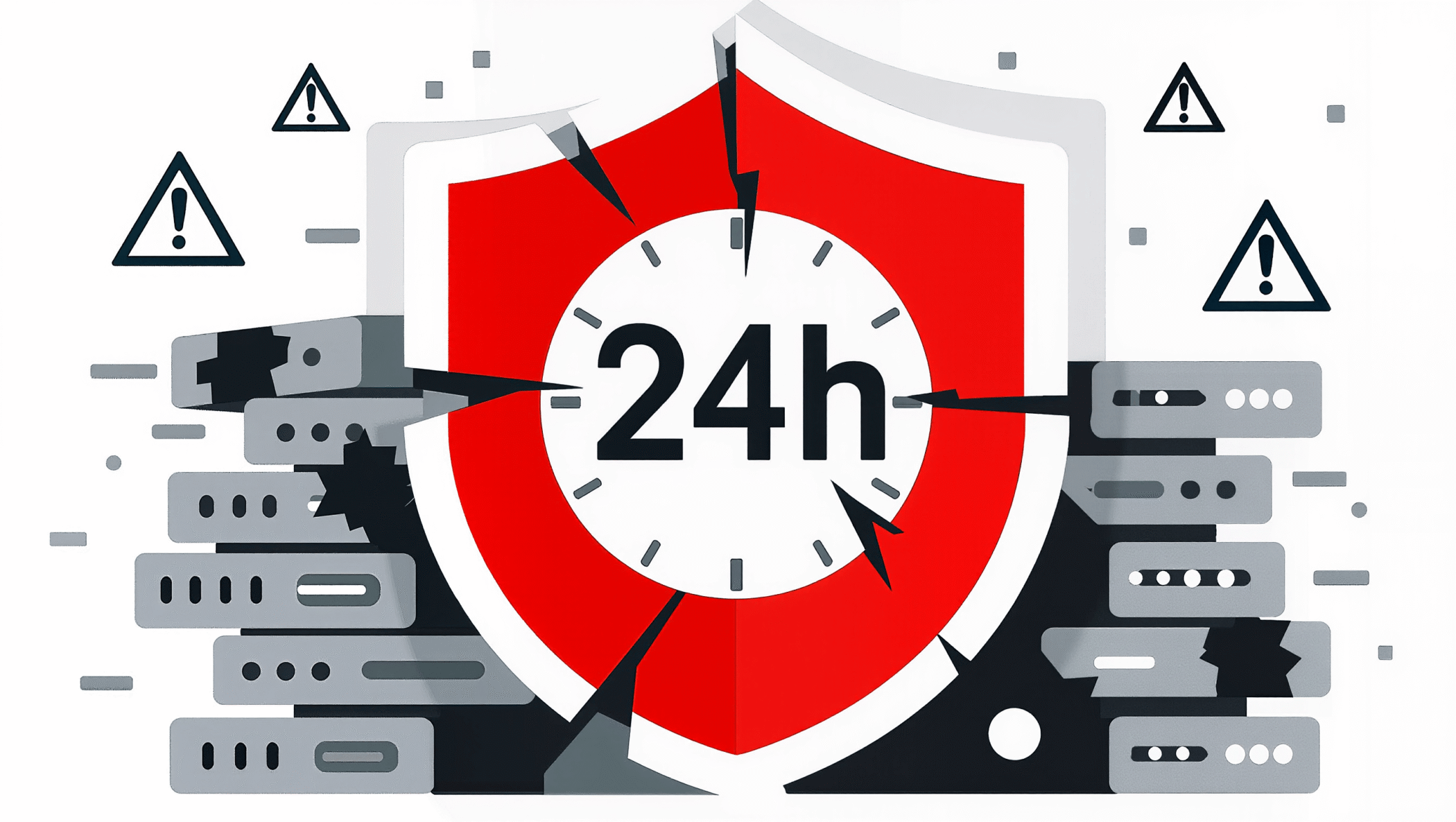 Flat vector illustration of cracked security shield and clock symbolizing failure of traditional vulnerability patching