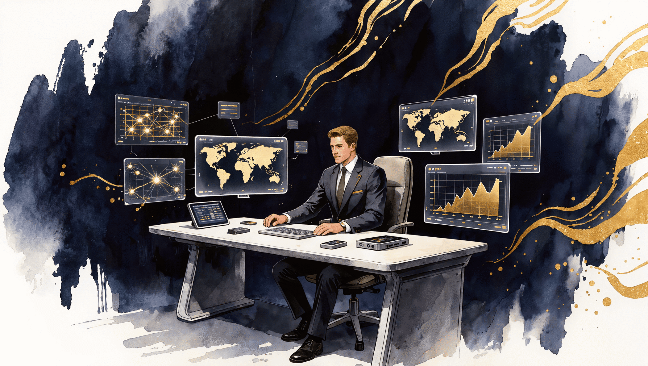 Watercolor illustration of cybersecurity analyst at command center with pentest framework overlays