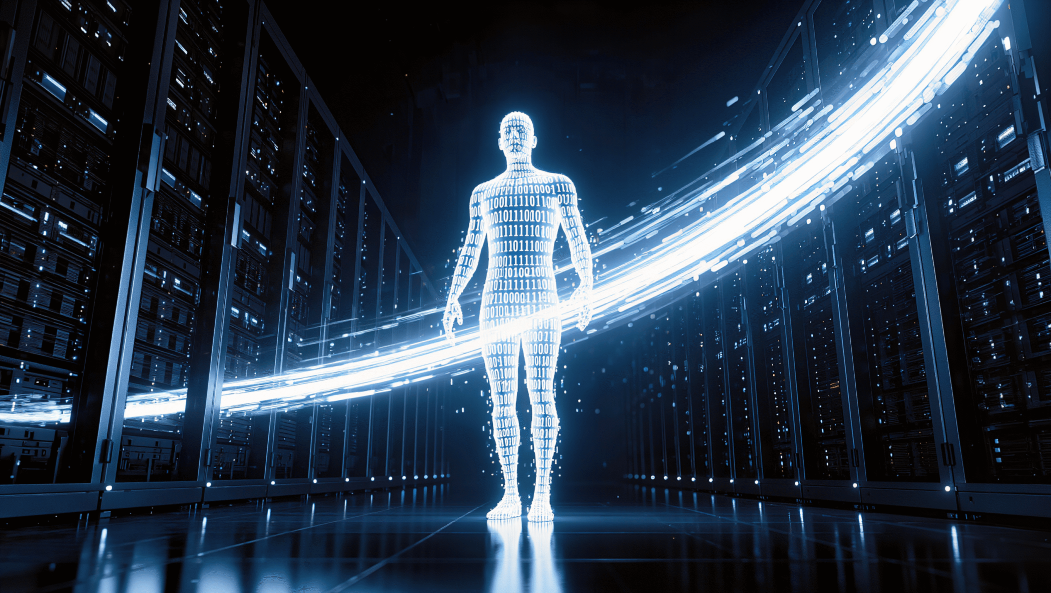 3D render of binary human figure in scanning beam inside server hall representing automated vulnerability scanning