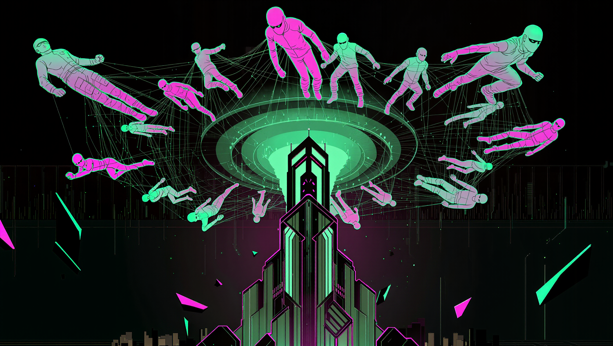 Cyberpunk illustration of global researcher network forming security mesh around corporate building for bug bounty