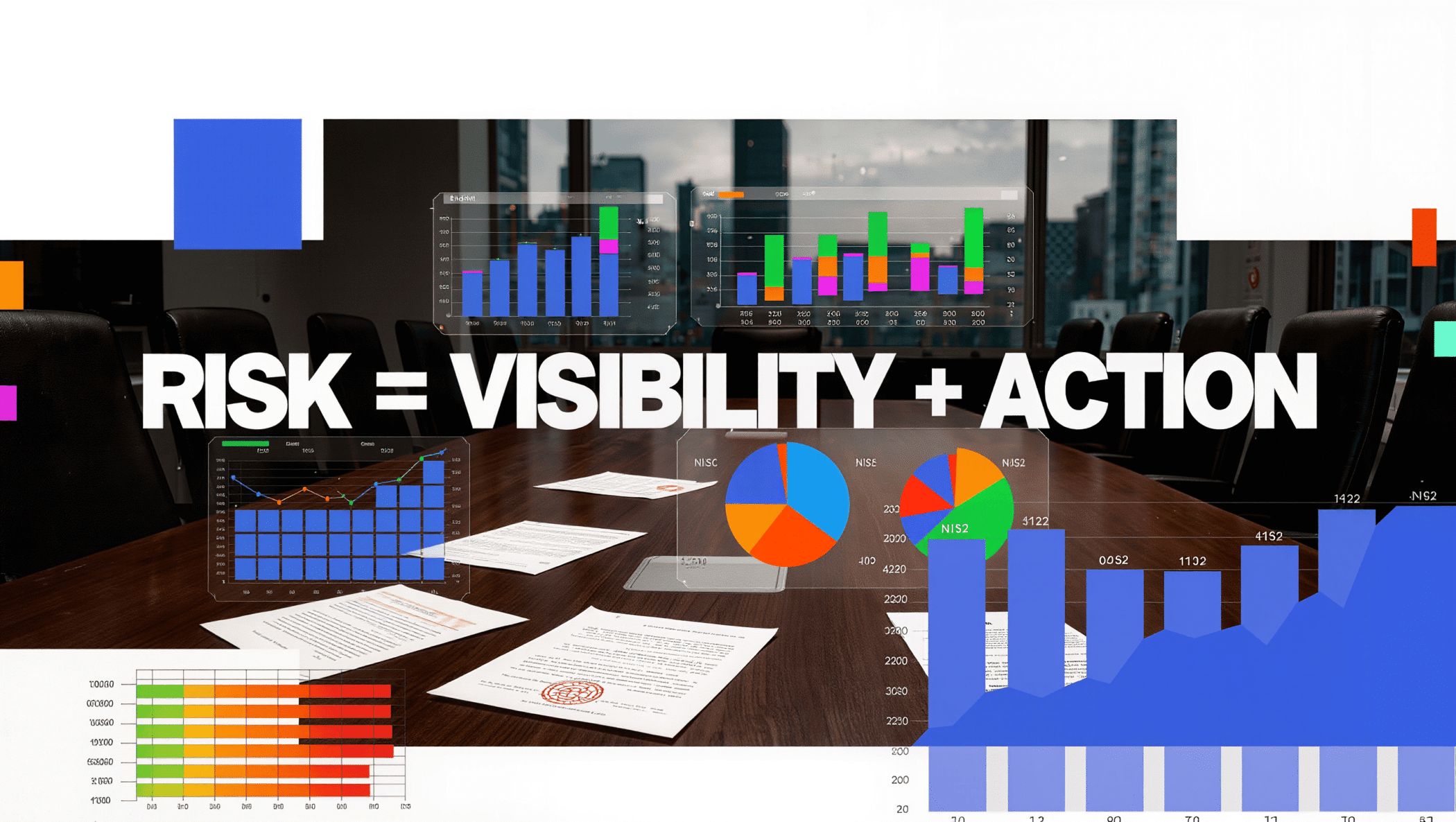 Collage of boardroom and cybersecurity dashboards with NIS2 documents representing strategic security governance